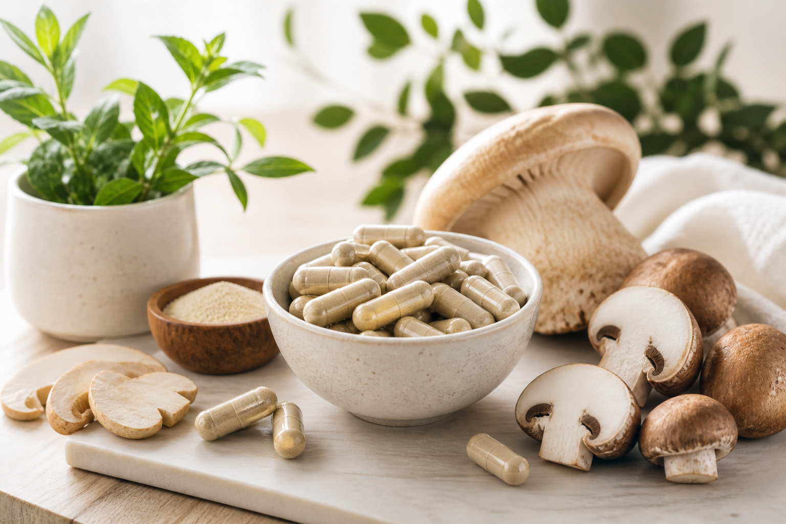 Agaricus mushroom with capsules in a natural wellness setting for daily immune support