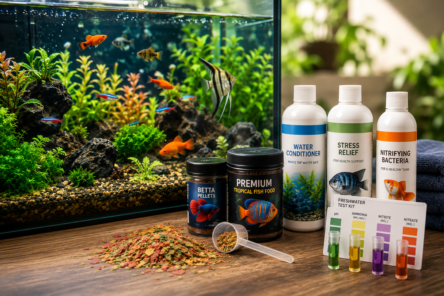 aquarium nutrition and water care products supporting fish health tank maintenance and aquatic pet wellness