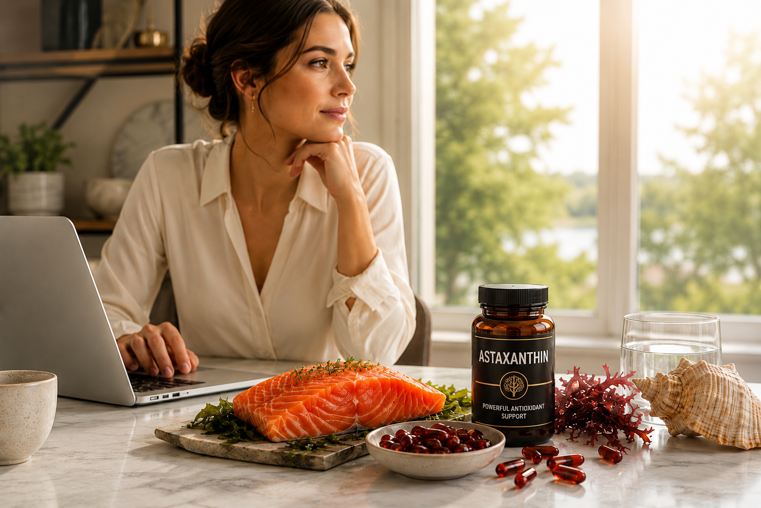 woman working on a laptop with astaxanthin supplement salmon and antioxidant-rich foods supporting eye health and digital wellness