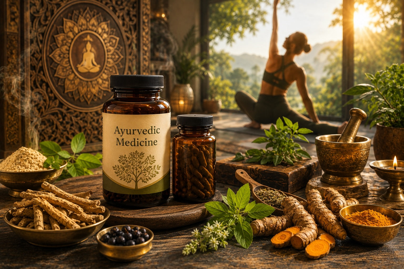 Ayurvedic herbs and traditional wellness ingredients supporting digestion, stress management, energy, immunity, and holistic health