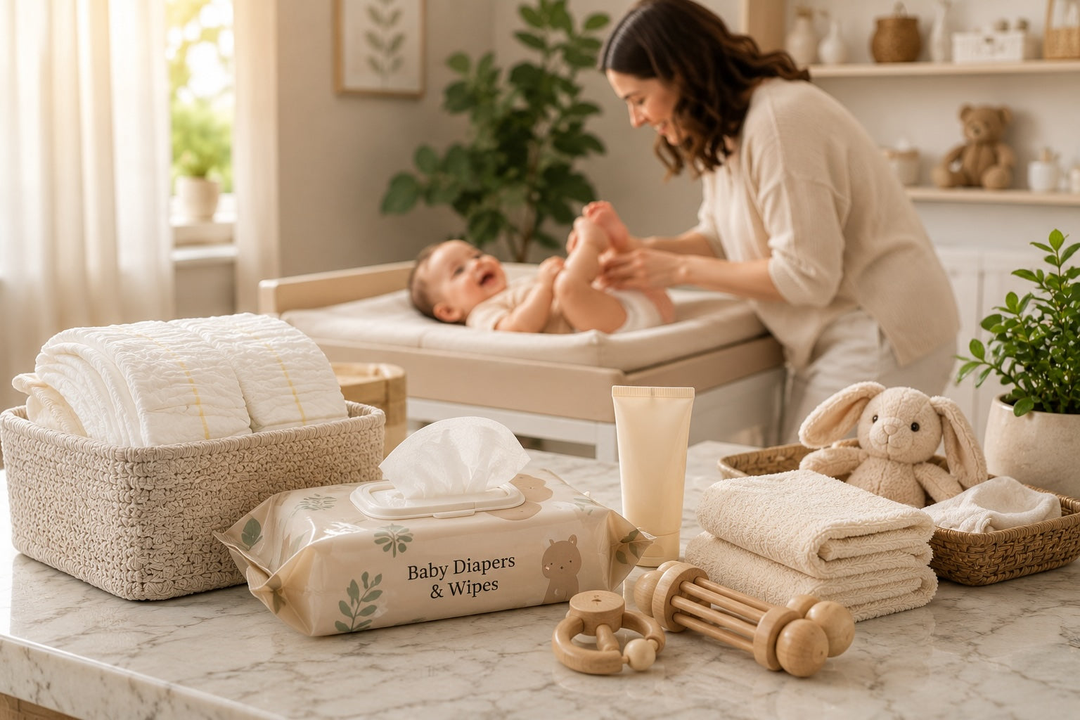 Parent choosing gentle baby diapers and wipes for delicate skin and everyday diaper-changing care