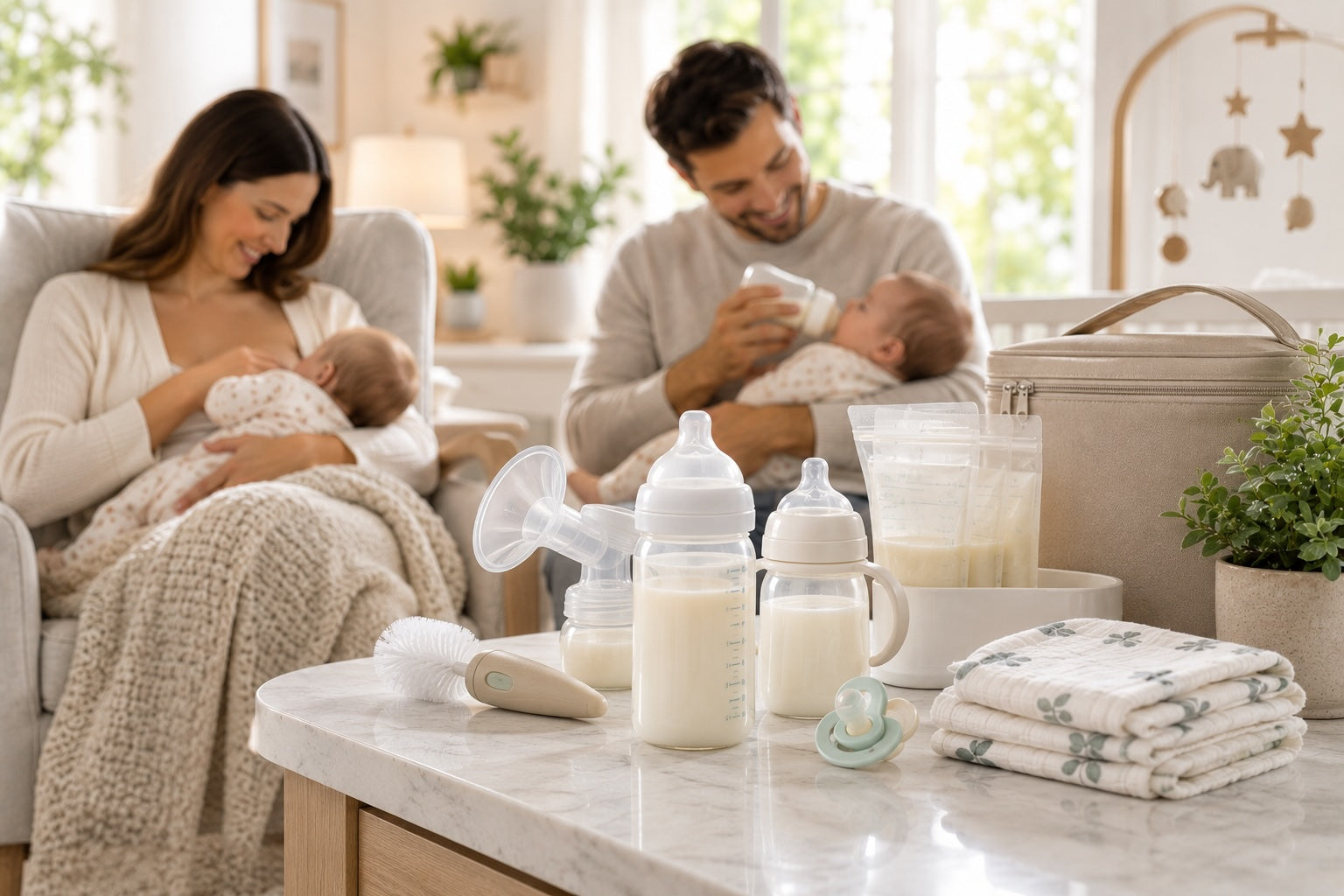 Baby feeding essentials including bottles, pacifiers and breastfeeding accessories