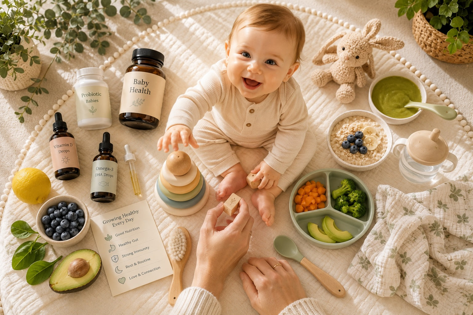 Baby health and nutrition essentials for infants and toddlers including vitamin D, DHA and probiotics