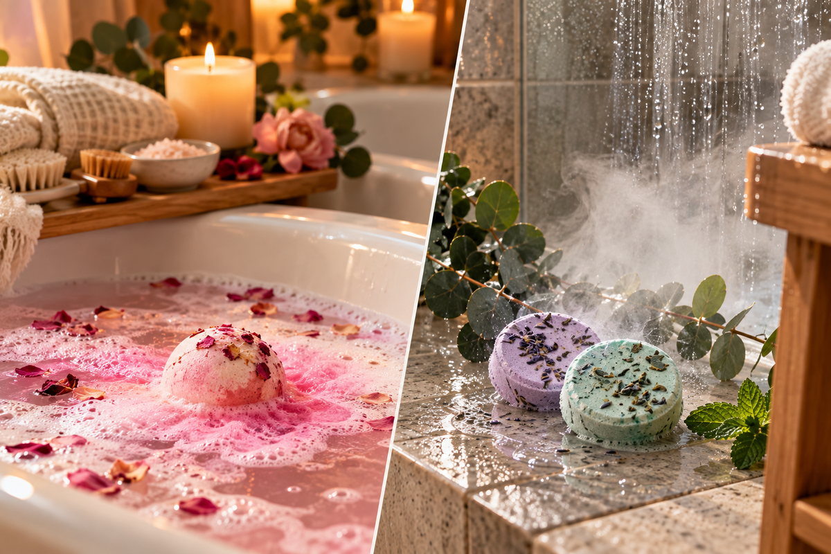 Bath bombs and shower steamers in a relaxing self-care setting representing aromatherapy, relaxation and an at-home spa routine