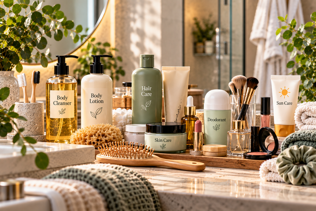 Beauty and personal care essentials arranged for an everyday skin, hair, body, oral hygiene and self-care routine
