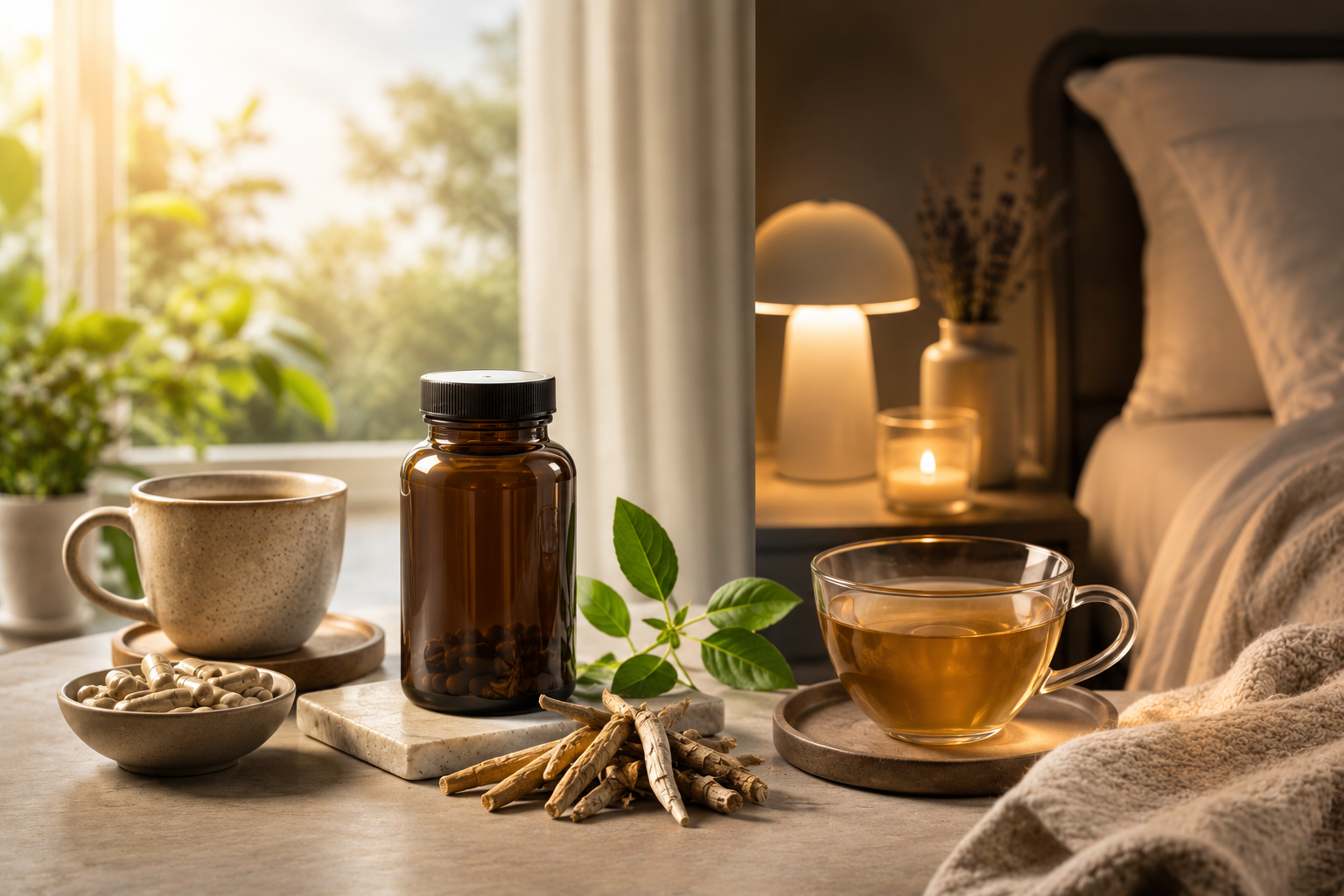 ashwagandha supplement with herbal tea in a morning and evening wellness setting for stress sleep and energy support