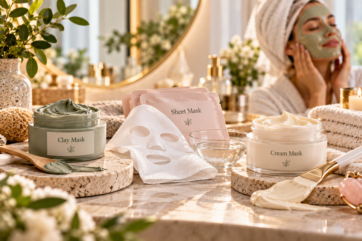 Clay, sheet and cream face masks arranged together to compare skincare treatments for oily, dry and combination skin
