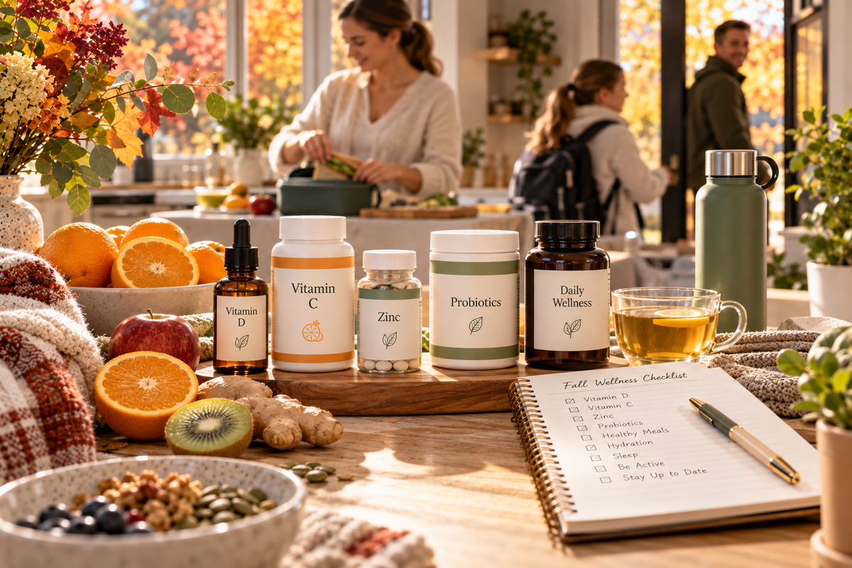 Fall immunity and wellness essentials featuring vitamin D, vitamin C, zinc, probiotics and seasonal health products arranged for winter wellness preparation