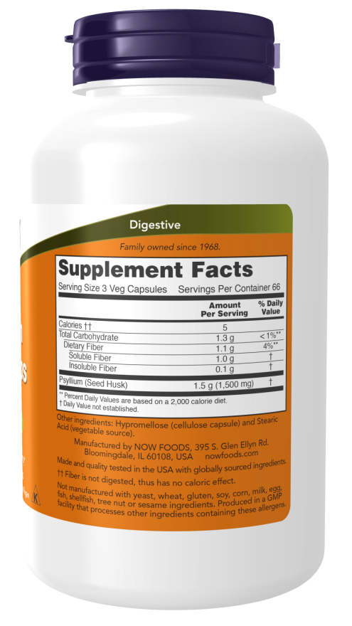 Psyllium Husk 500 mg by NOW® – Digestive Health & Fibre Support | 200 or 500 Veg Capsules