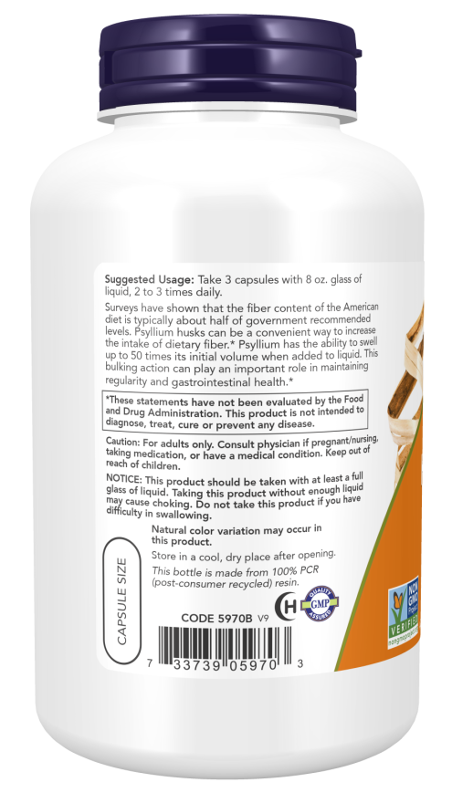Psyllium Husk 500 mg by NOW® – Digestive Health & Fibre Support | 200 or 500 Veg Capsules
