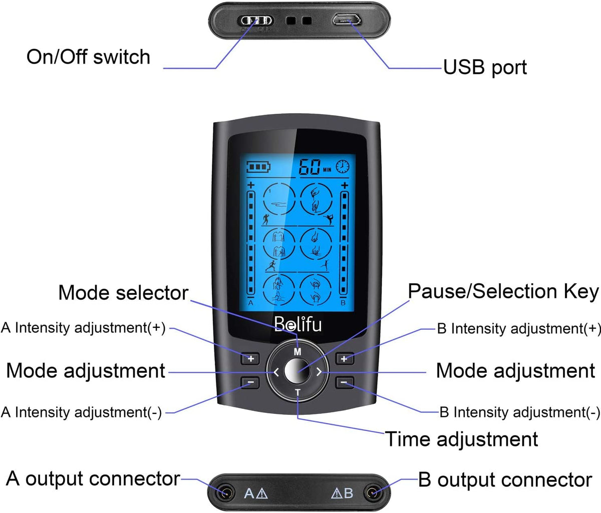 Belifu Dual Channel TENS EMS Unit 24 Modes Muscle Stimulator for Pain Relief Therapy, Electronic Pulse Massager Muscle Massager with 10 Pads, Dust-Proof Drawstring Storage Bag,Fastening Cable Ties 🍁 All In One Marketplace Canada