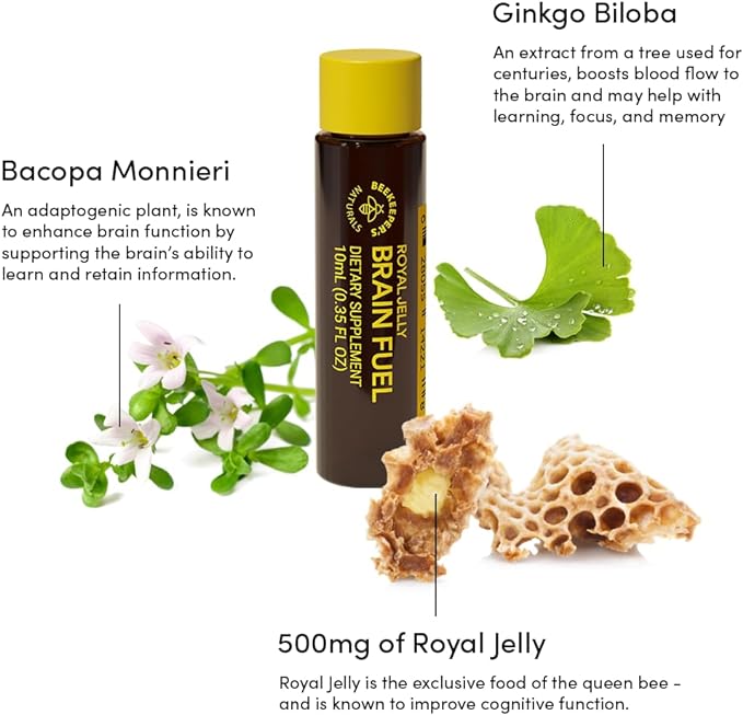 Royal Jelly Brain Fuel | Beekeepers Naturals | 6 or 24 Vial Pack