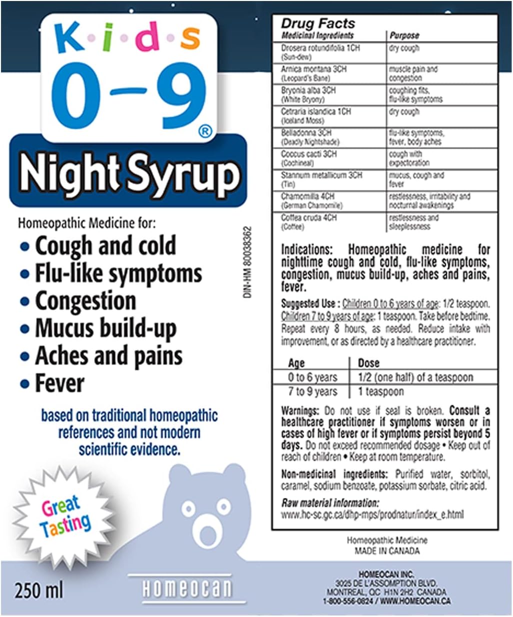 Kids 0-9 Night Syrup | HOMÉOCAN | 100 or 250 mL