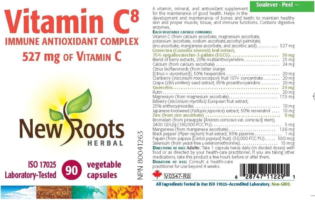 Vitamin C⁸ (Capsules) | New Roots HERBAL® | 45 OR 90 OR 180 Veg Capsules