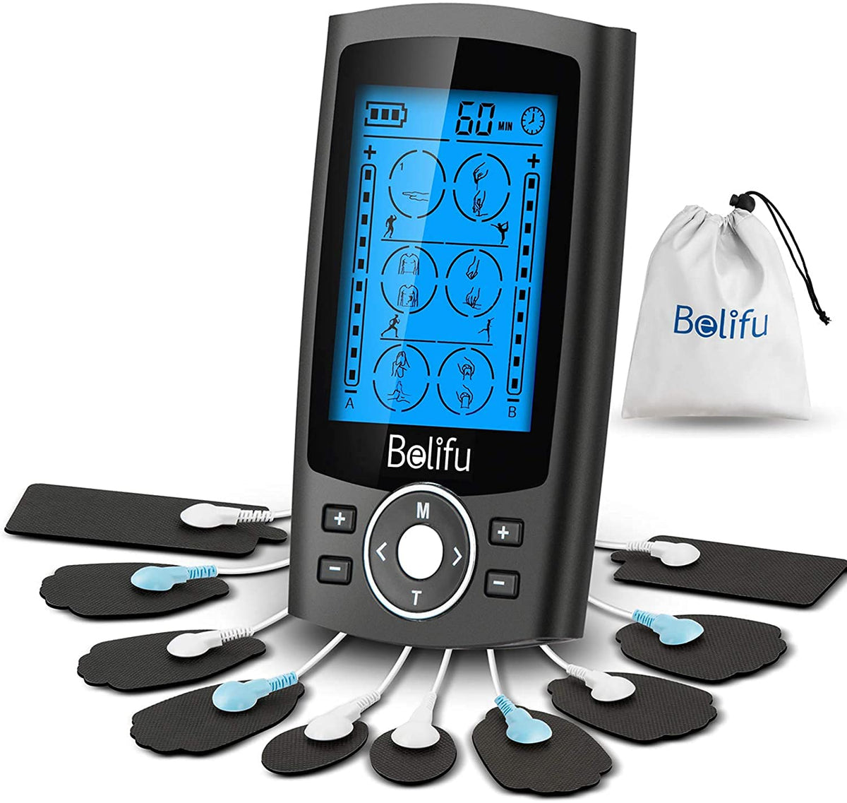 Belifu Dual Channel TENS EMS Unit 24 Modes Muscle Stimulator for Pain Relief Therapy, Electronic Pulse Massager Muscle Massager with 10 Pads, Dust-Proof Drawstring Storage Bag,Fastening Cable Ties 🍁 All In One Marketplace Canada