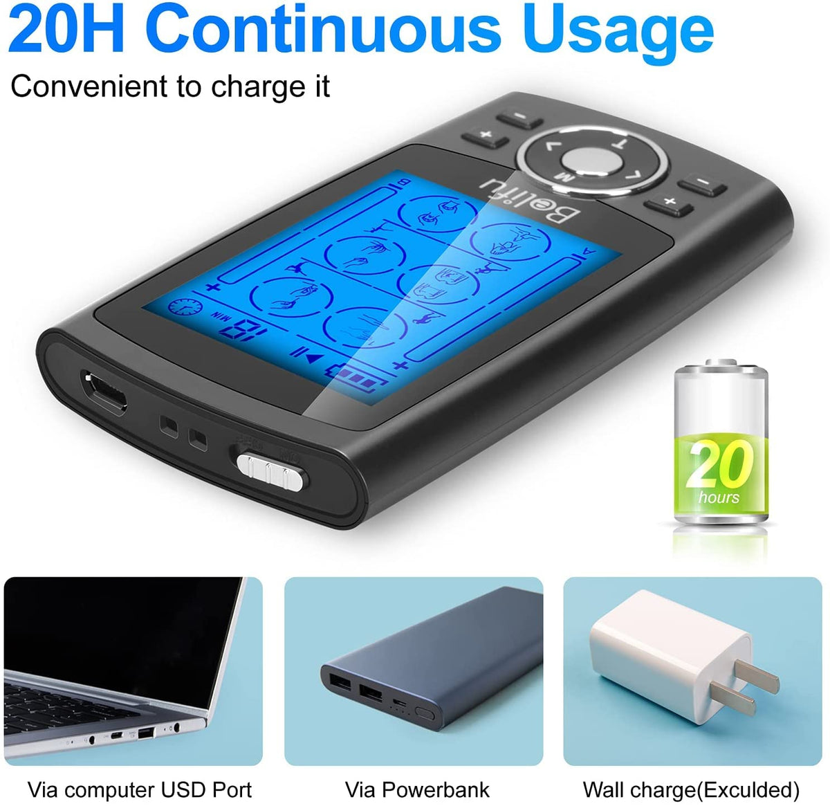 Belifu Dual Channel TENS EMS Unit 24 Modes Muscle Stimulator for Pain Relief Therapy, Electronic Pulse Massager Muscle Massager with 10 Pads, Dust-Proof Drawstring Storage Bag,Fastening Cable Ties 🍁 All In One Marketplace Canada