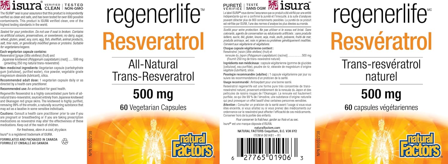 RegenerLife Resveratrol 500mg | Natural Factors® | 60 Capsules