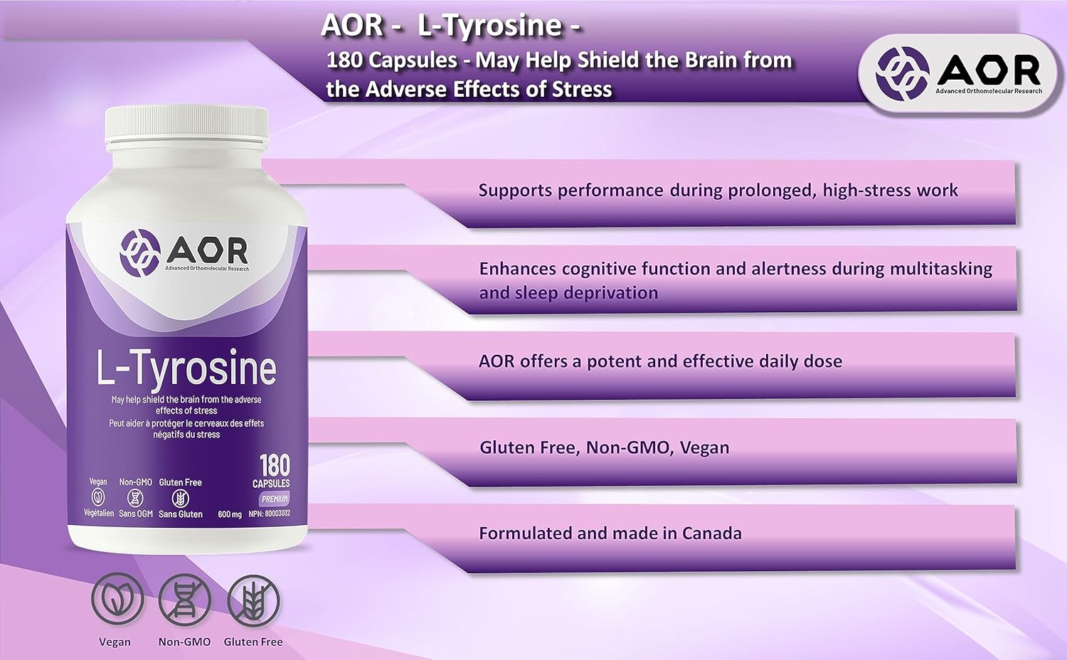 L-Tyrosine 600 mg | AOR™ | 180 Capsules