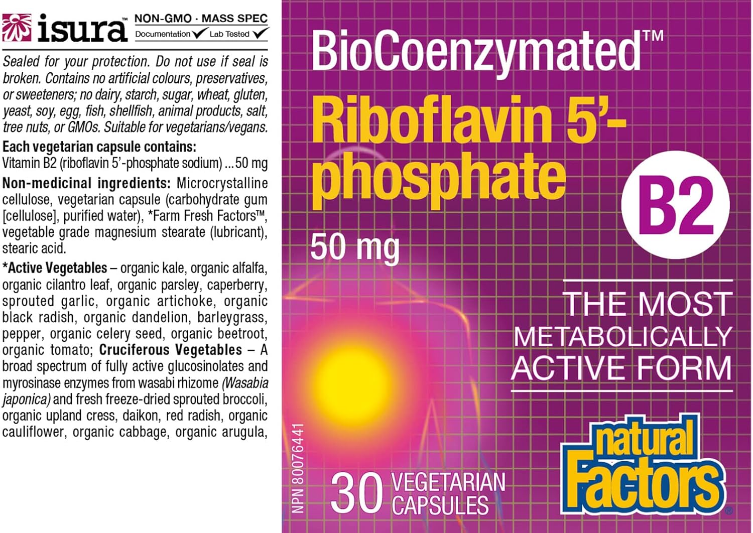 BioCoenzymated Riboflavin 5’-Phosphate B2 50 mg | Natural Factors® | 30 Vegetarian Capsules