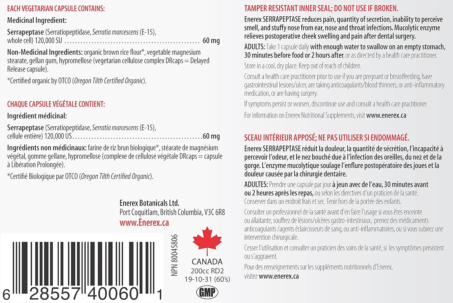 Serrapeptase 120,000 SU by Enerex® – Systemic Enzyme for Inflammation & Mucus Support | 60 OR 180 Delayed-Release Capsules