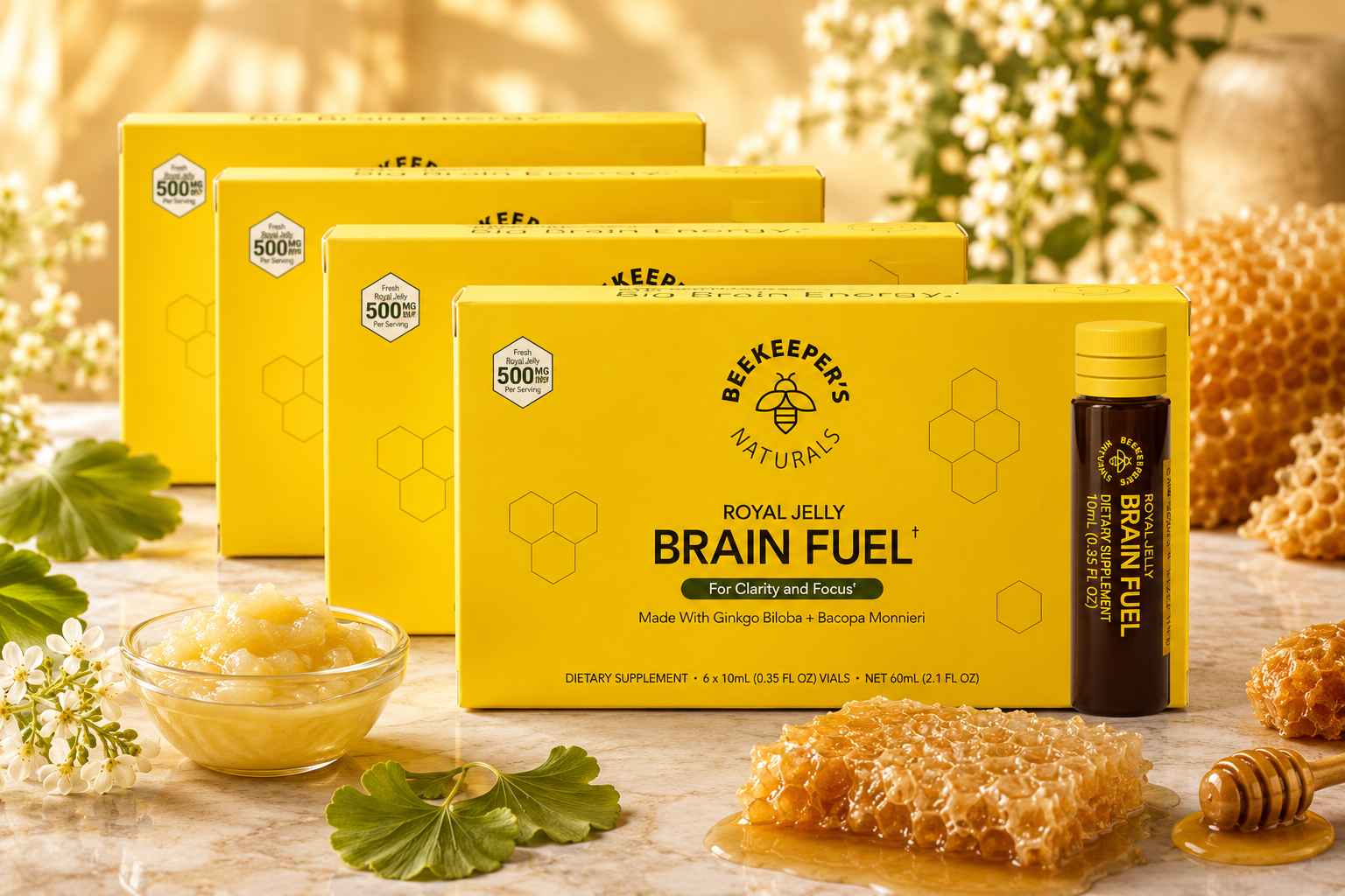 Royal Jelly Brain Fuel by Beekeeper’s Naturals® – Memory, Focus & Cognitive Performance Support | 6 or 24 Vials