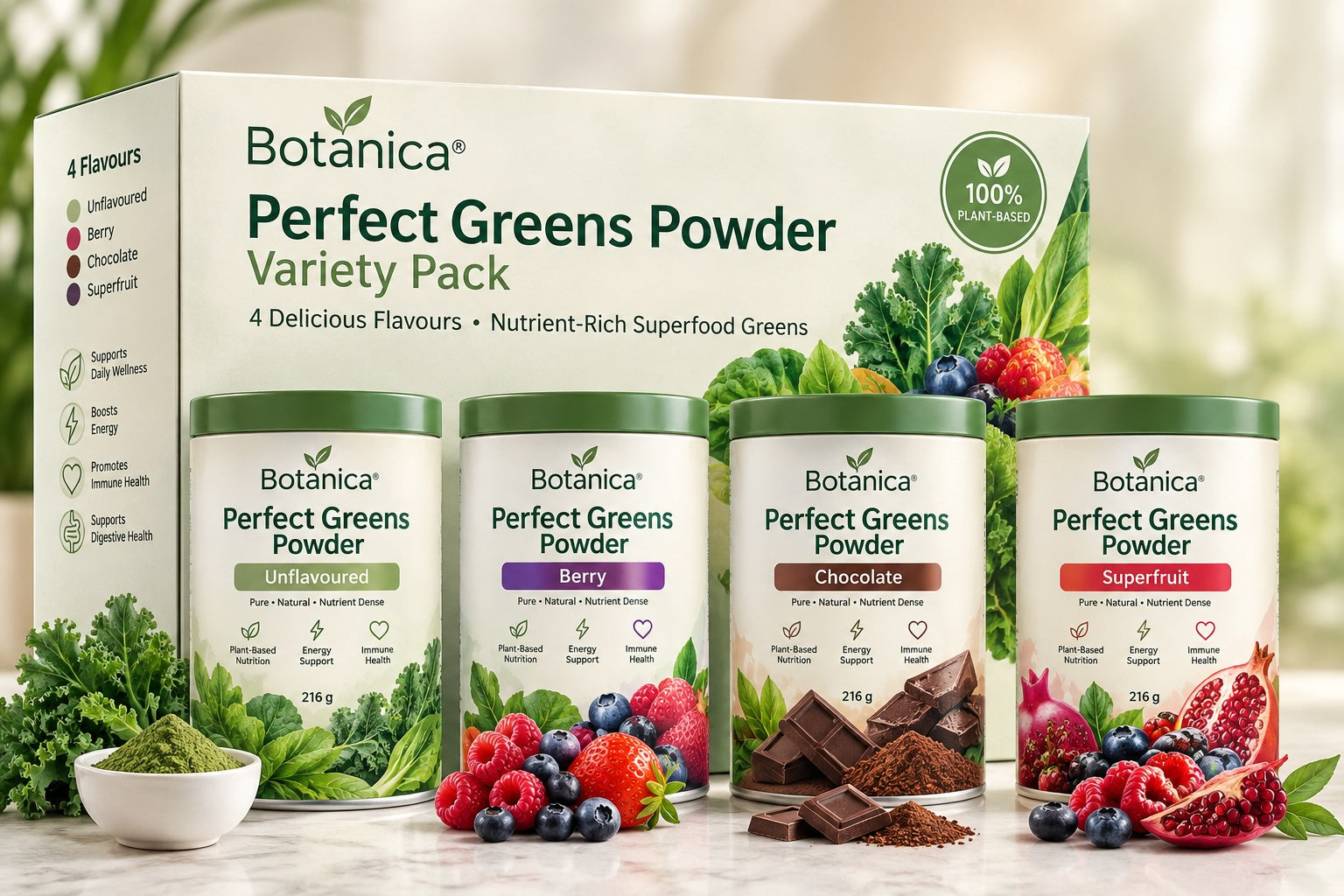 Perfect Greens Powder by Botanica – Organic Super Greens with Chlorella, Spirulina & Wheatgrass | Various Flavours & Sizes