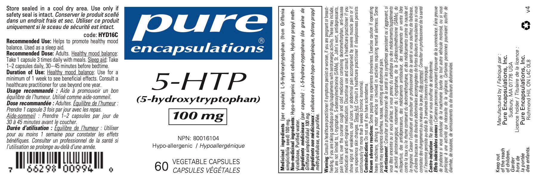5-HTP SAP 100 mg | Pure Encapsulations® | 60 Vegetable Capsules