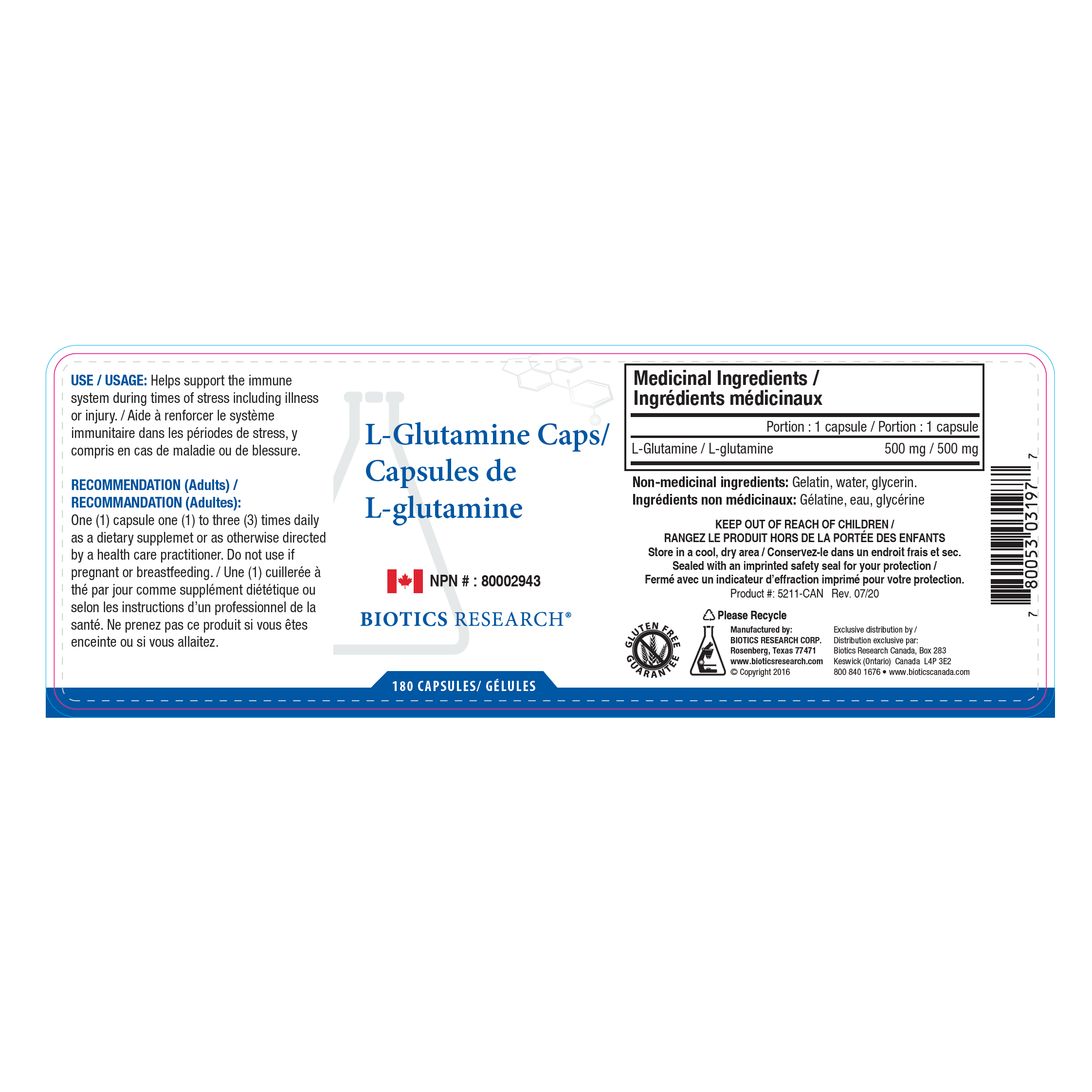 L-Glutamine Caps | Biotics Research® | 180 Capsules