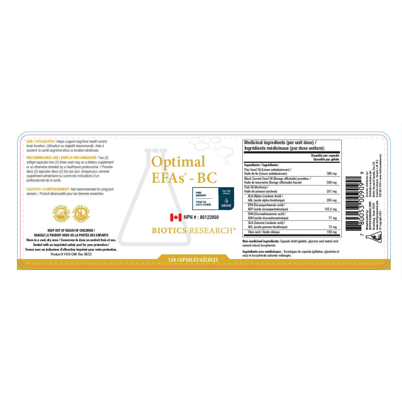 Optimal EFAs® - BC | Biotics Research® | 120 Capsules