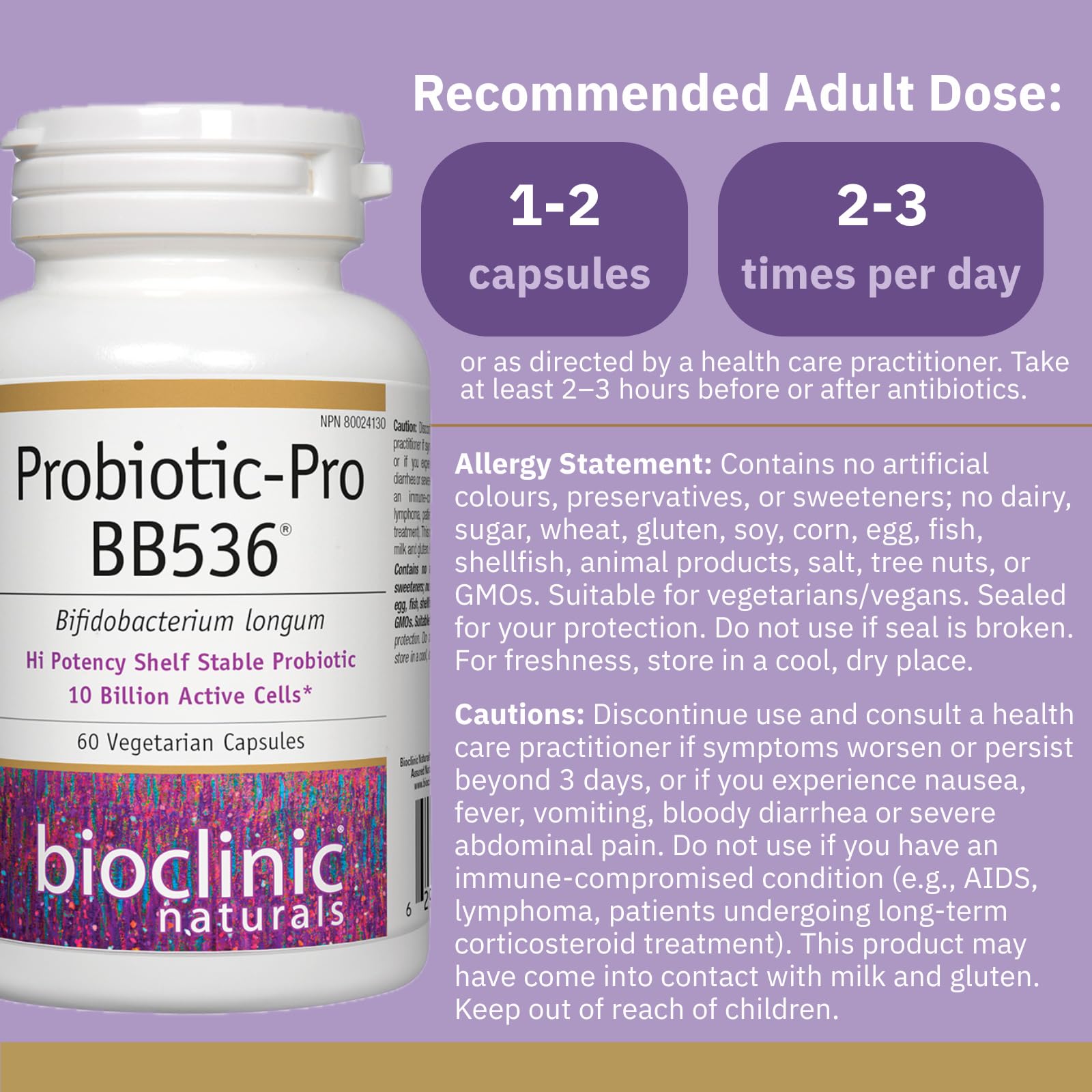 Probiotic-Pro BB536® by Bioclinic® Naturals – 10 Billion CFU Bifidobacterium longum | 60 Vegetarian Capsules