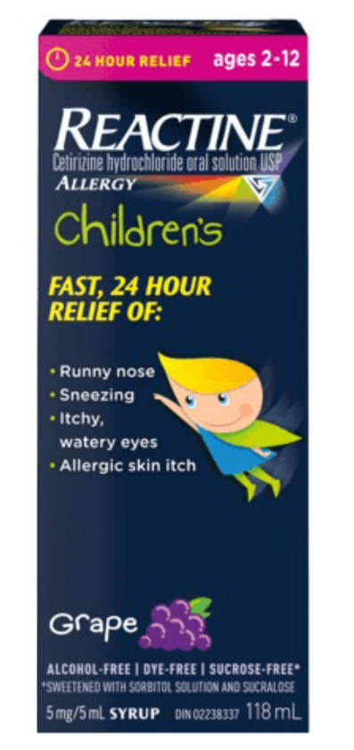 \Children’s LiquidFor ages 2 – 12 years5mg Cetirizine HCl /5mL | Reactine® | 118 mL