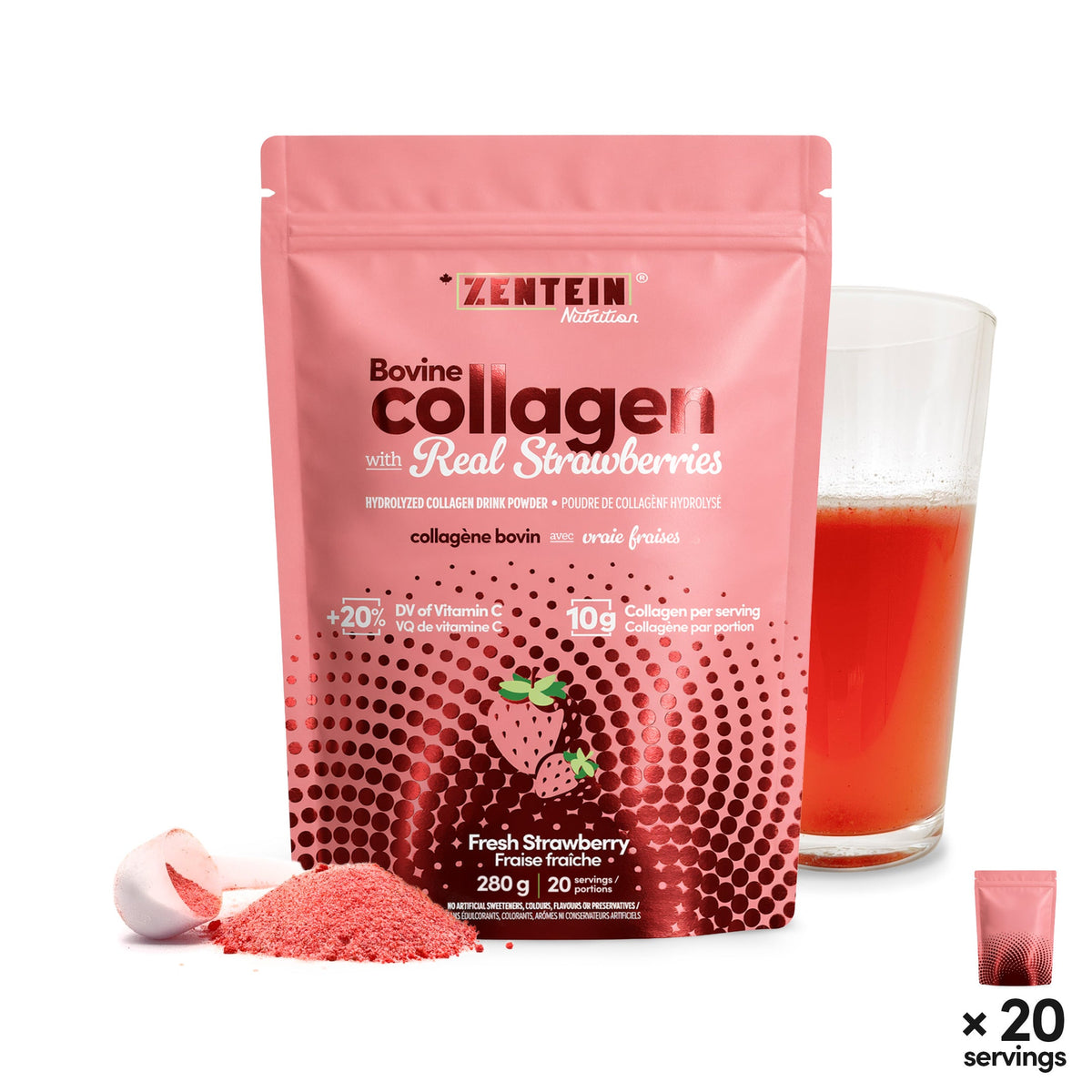Bovine Collagen with Real Strawberries - Hydrolyzed Collagen Drink Powder