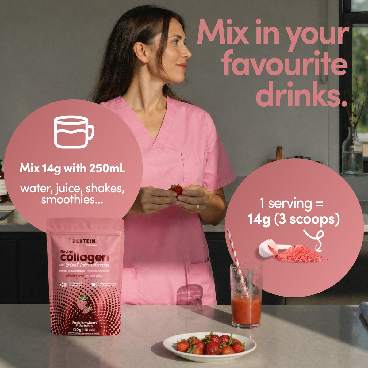 Bovine Collagen with Real Strawberries - Hydrolyzed Collagen Drink Powder