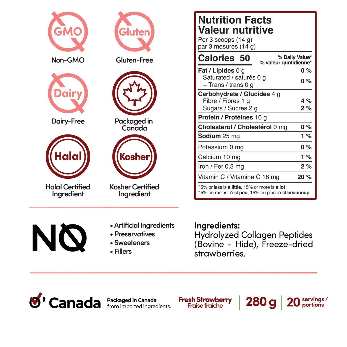 Bovine Collagen with Real Strawberries - Hydrolyzed Collagen Drink Powder