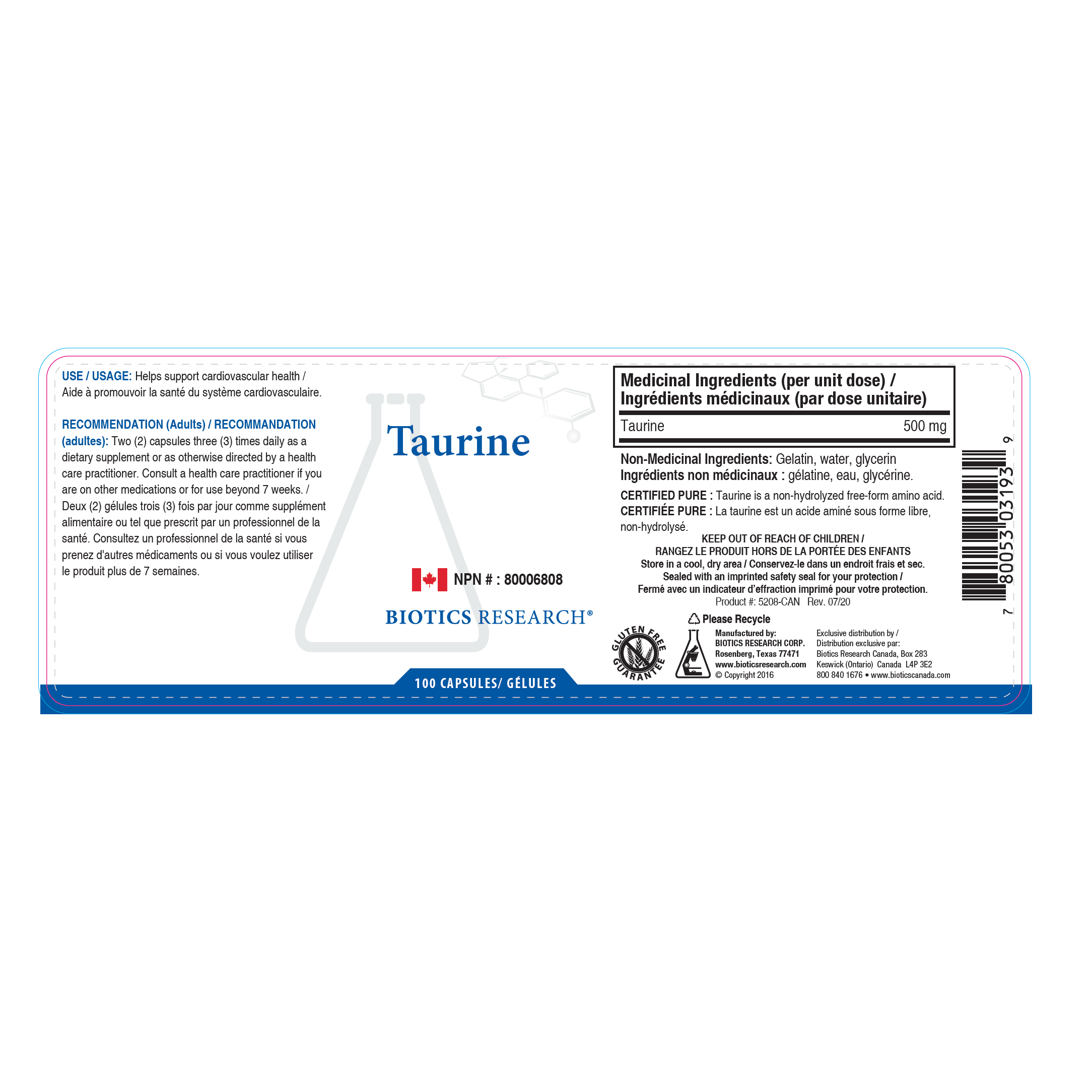 Taurine | Biotics Research® | 100 Capsules