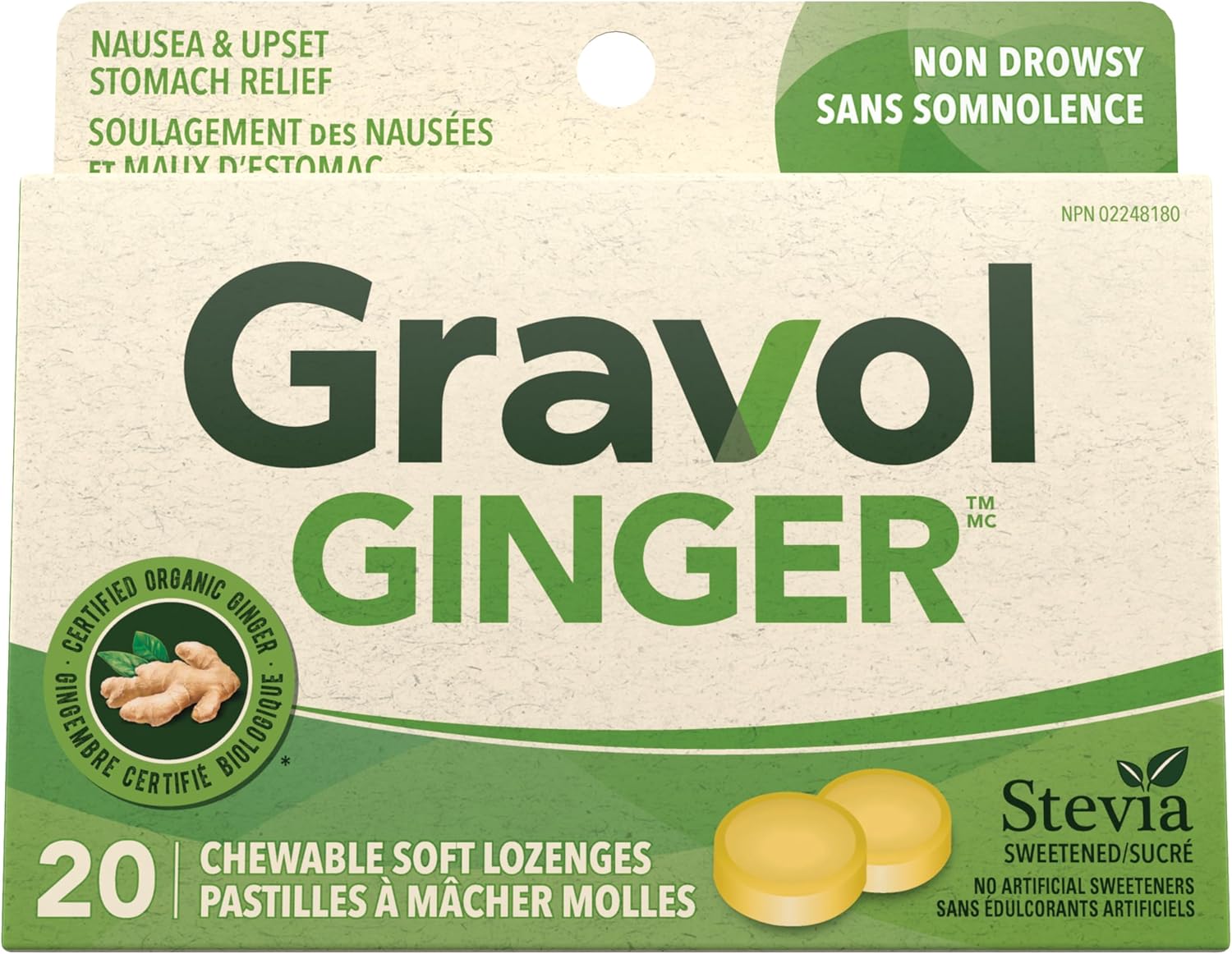 Nausea and upset stomach relief with Organic ginger extract | Gravol Ginger™ |20 Lozenges (Pack of 1)