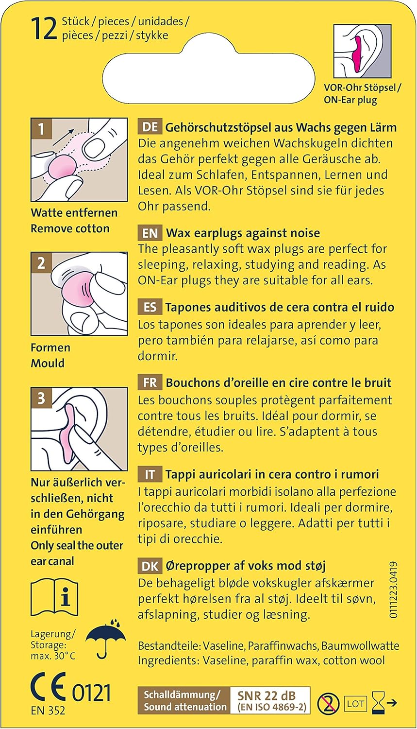 Reusable Wax/Cotton Ear Plugs | Ohropax | 12 Plugs Total