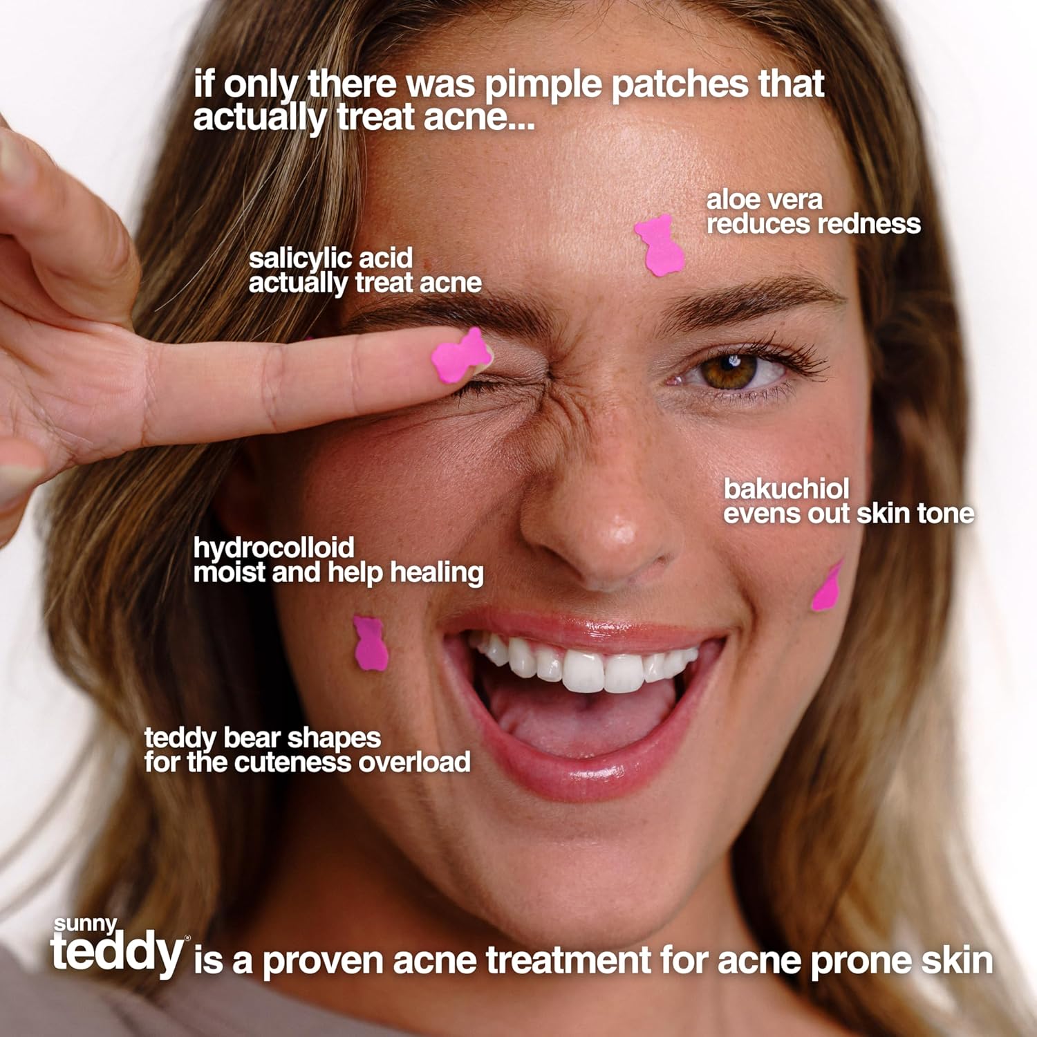 Acne Treatment Patches | Sunny Teddy | 72 Pink Teddy Patches