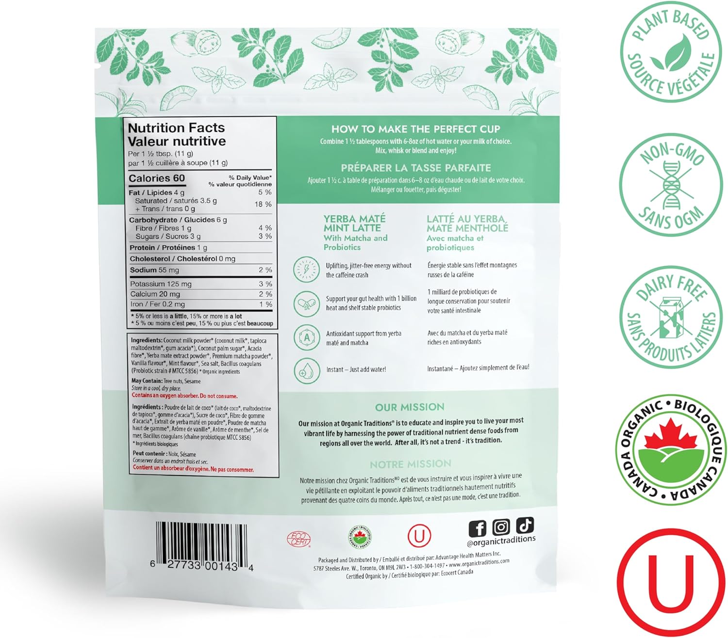 Yerba Mate Mint Latte with Matcha and Probiotics | Organic Traditions® |150g