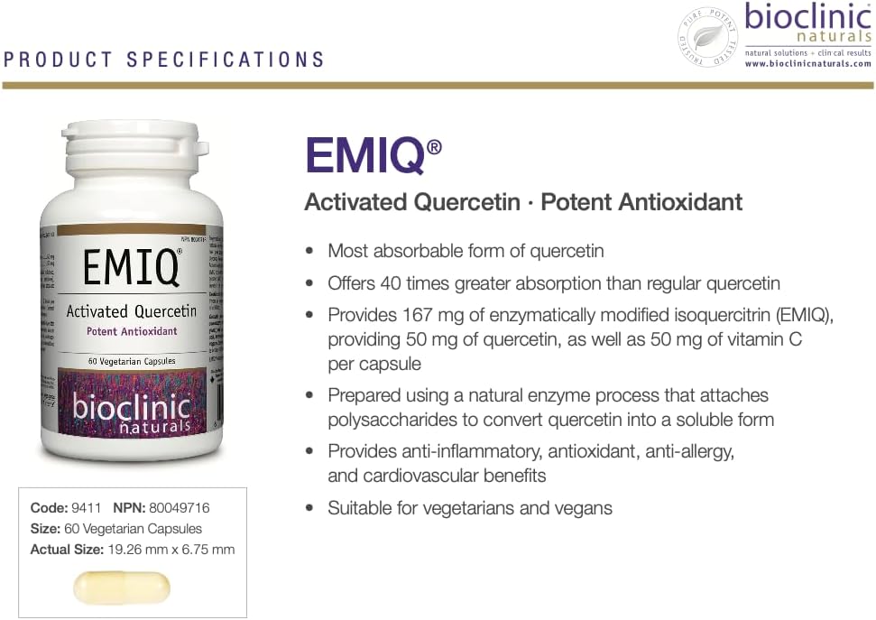 EMIQ® by Bioclinic® Naturals – Highly Absorbable Quercetin Antioxidant Support | 60 Capsules