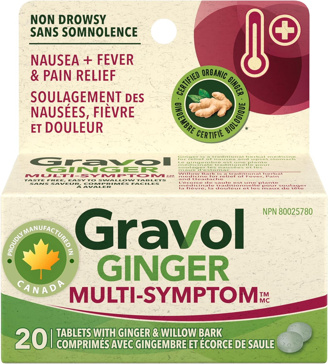 Multi-Symptom Tablet, Made in Canada |Gravol Ginger™| 20 Tab