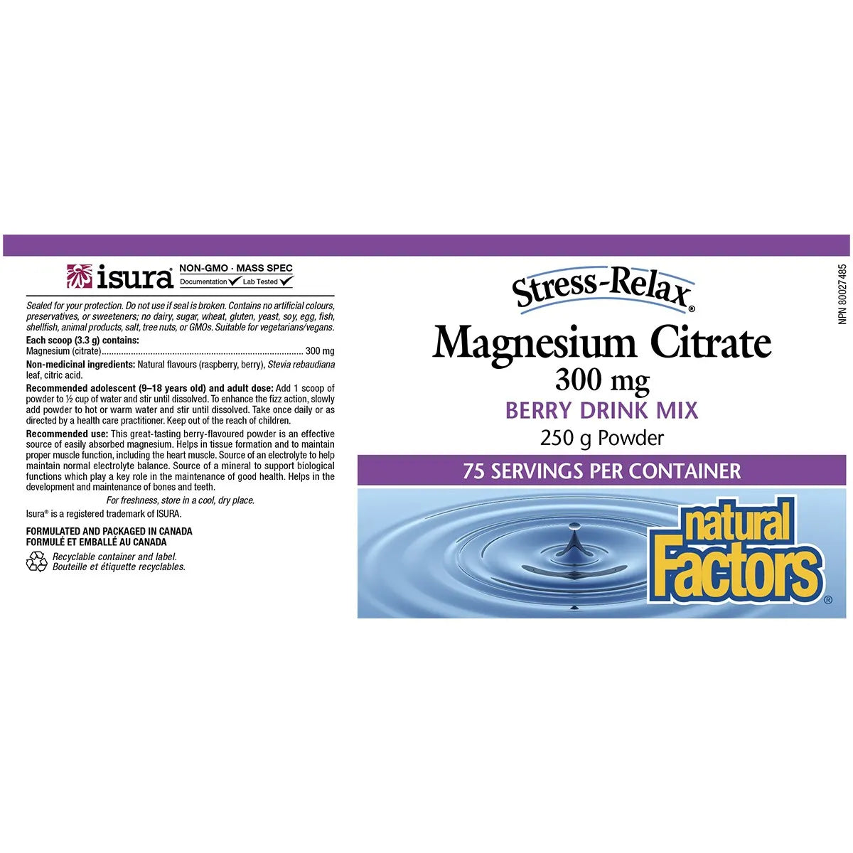 Magnesium Citrate 300mg Berry | Natural Factors® | 250g