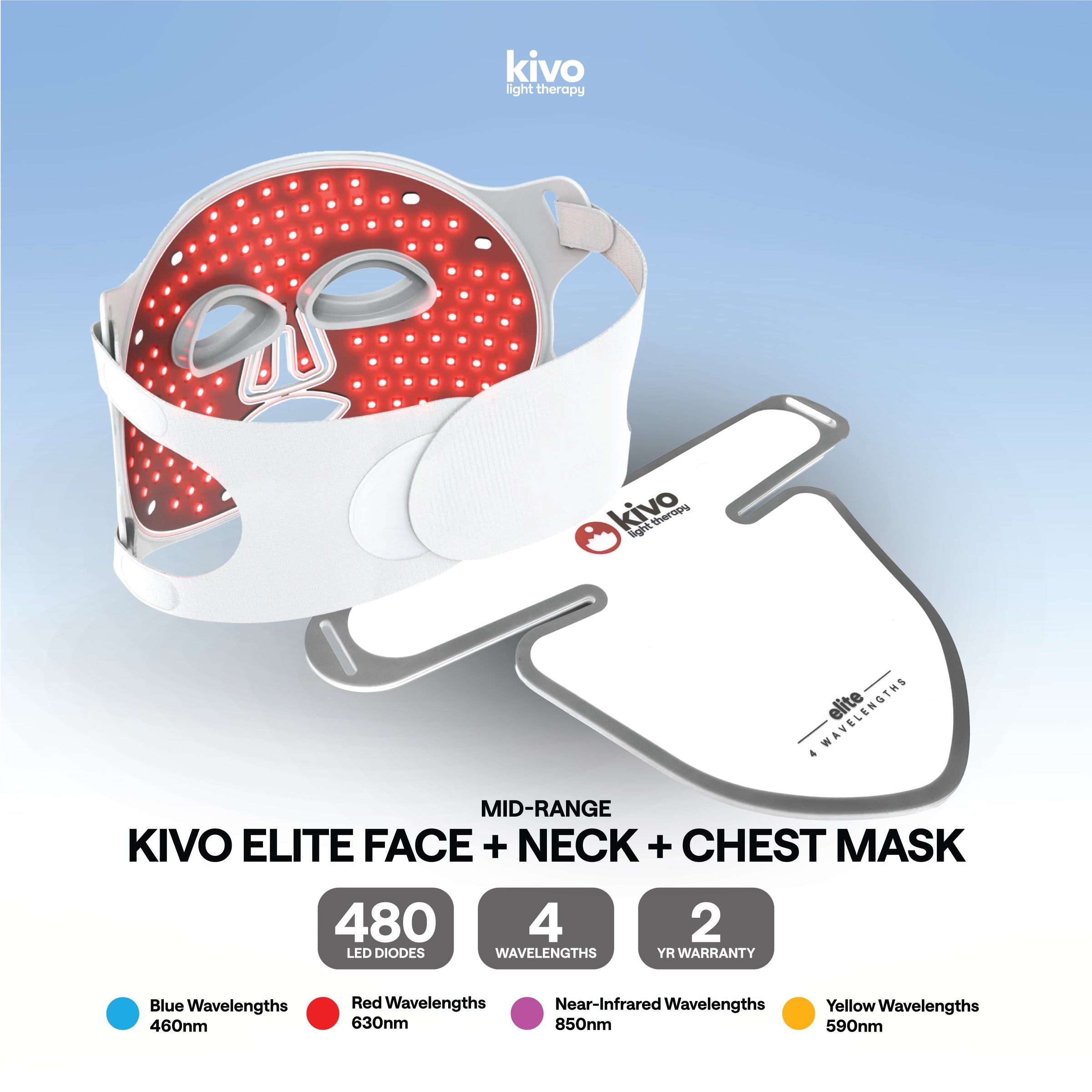 Kivo Elite Face + Neck + Chest: Red + Near Infrared + Blue + Yellow Light Therapy Mask