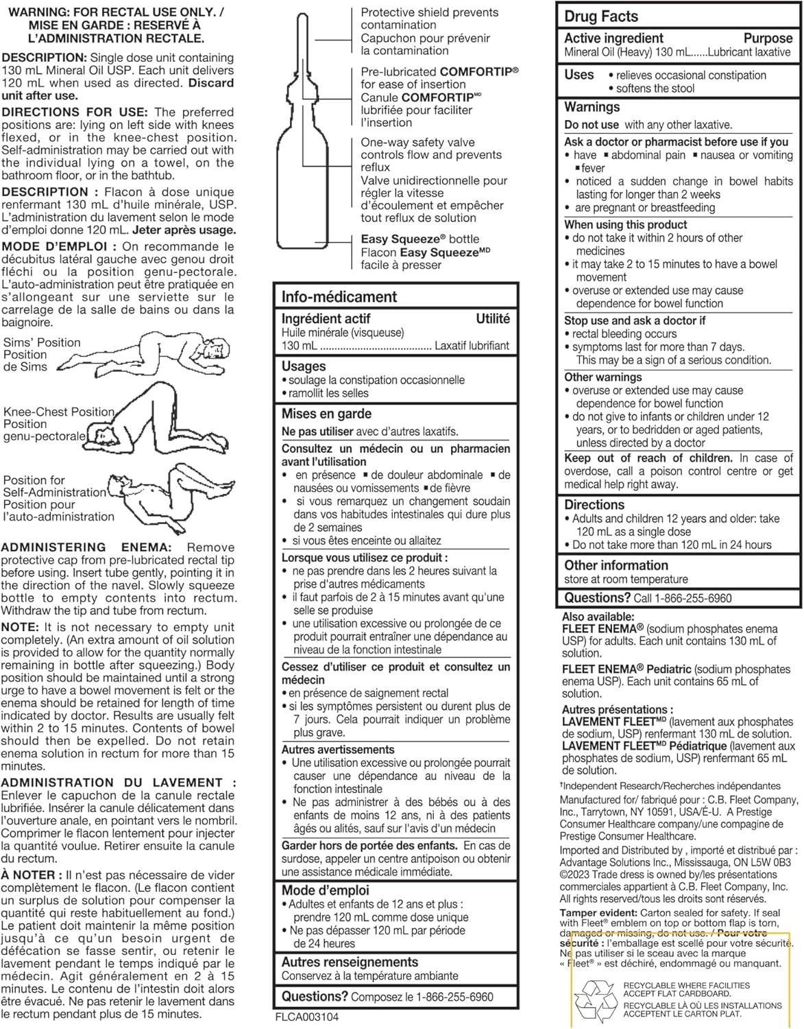 Enema with Mineral Oil(Laxatives for Constipation Relief) | Fleet | 130 mL