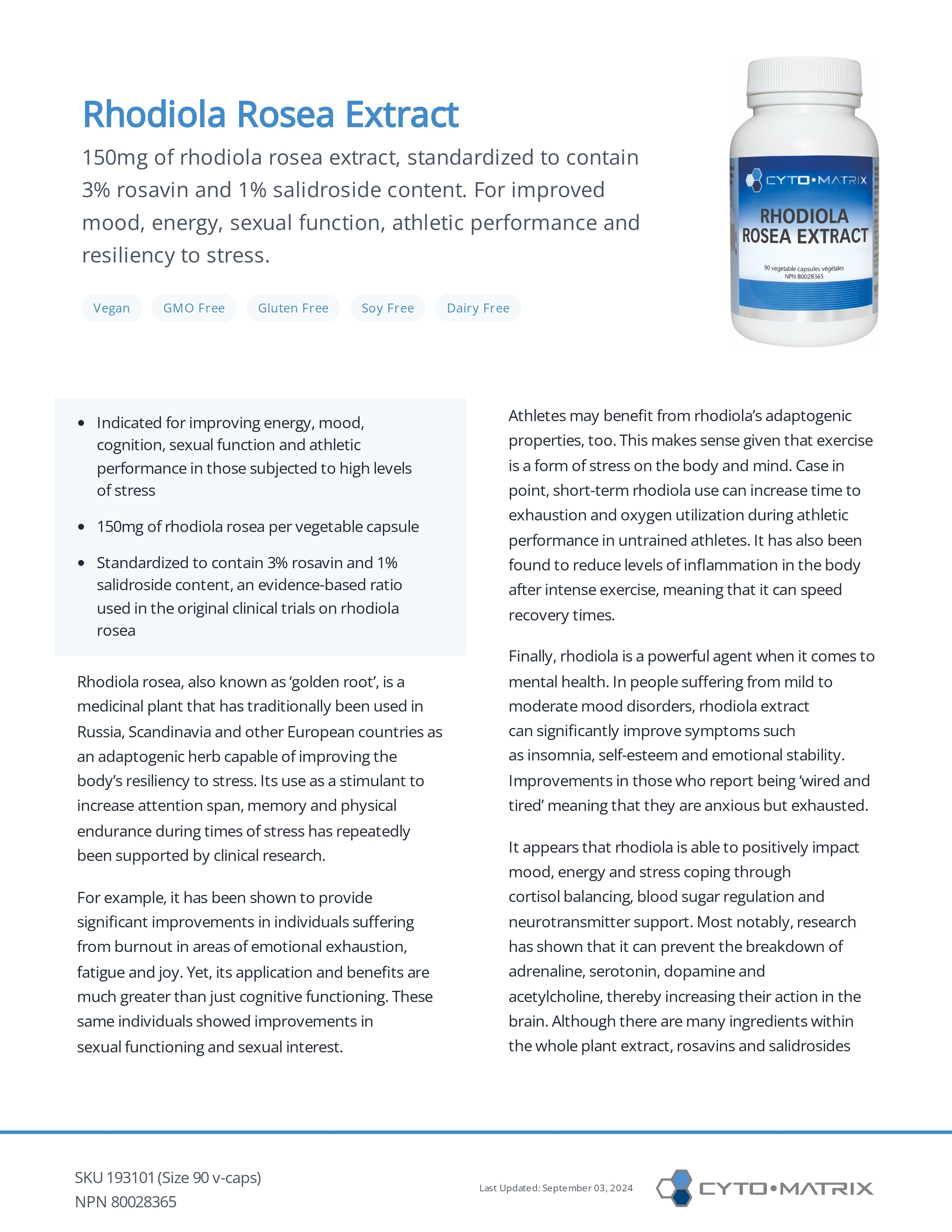 Rhodiola Rosea Extract by Cytomatrix® – Stress, Energy & Cognitive Support | 90 Vegetable Capsules