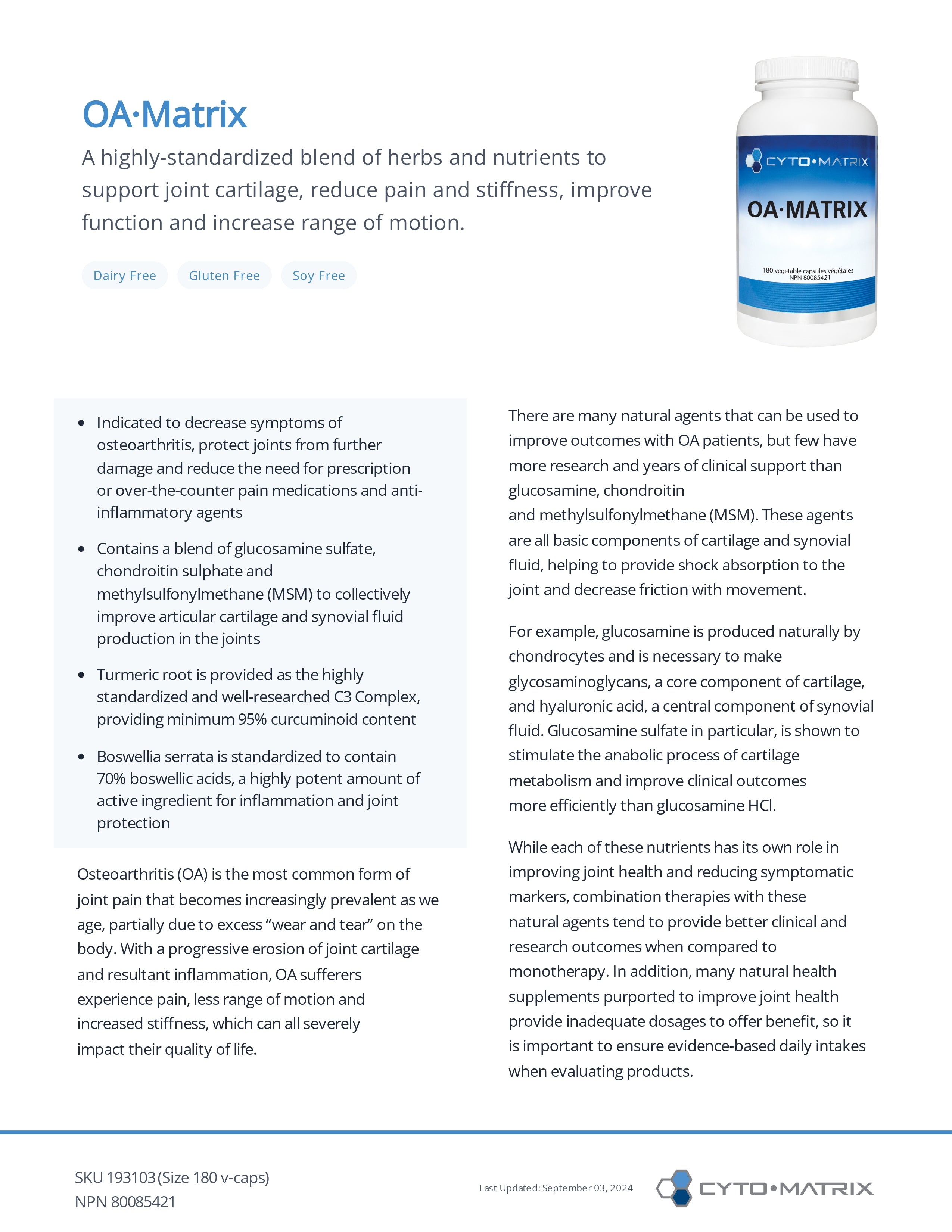 OA-Matrix by Cytomatrix® – Joint, Cartilage & Mobility Support | 180 Vegetable Capsules