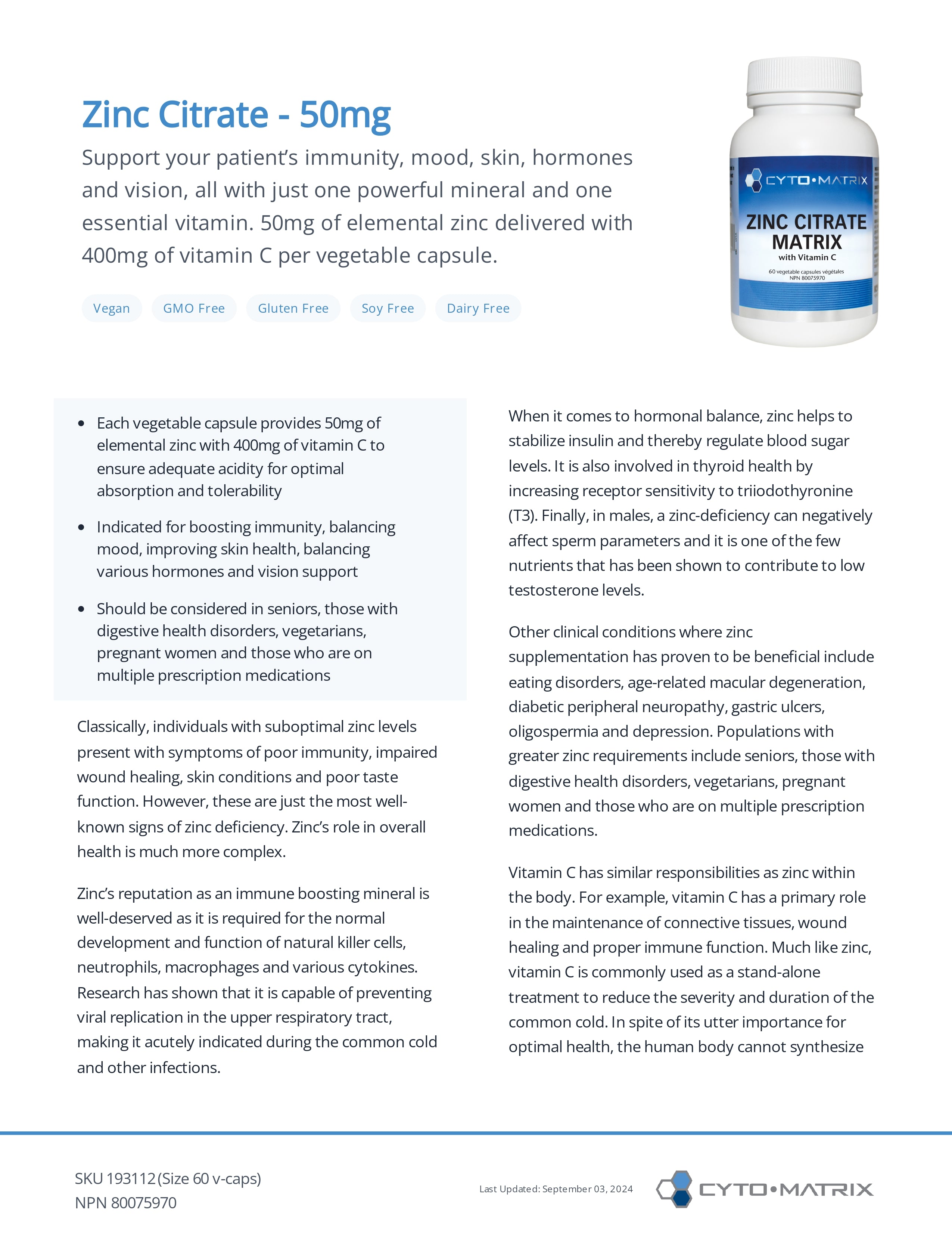 Zinc Citrate Matrix by Cytomatrix® – Immune, Skin & Hormonal Support | 60 Vegetable Capsules