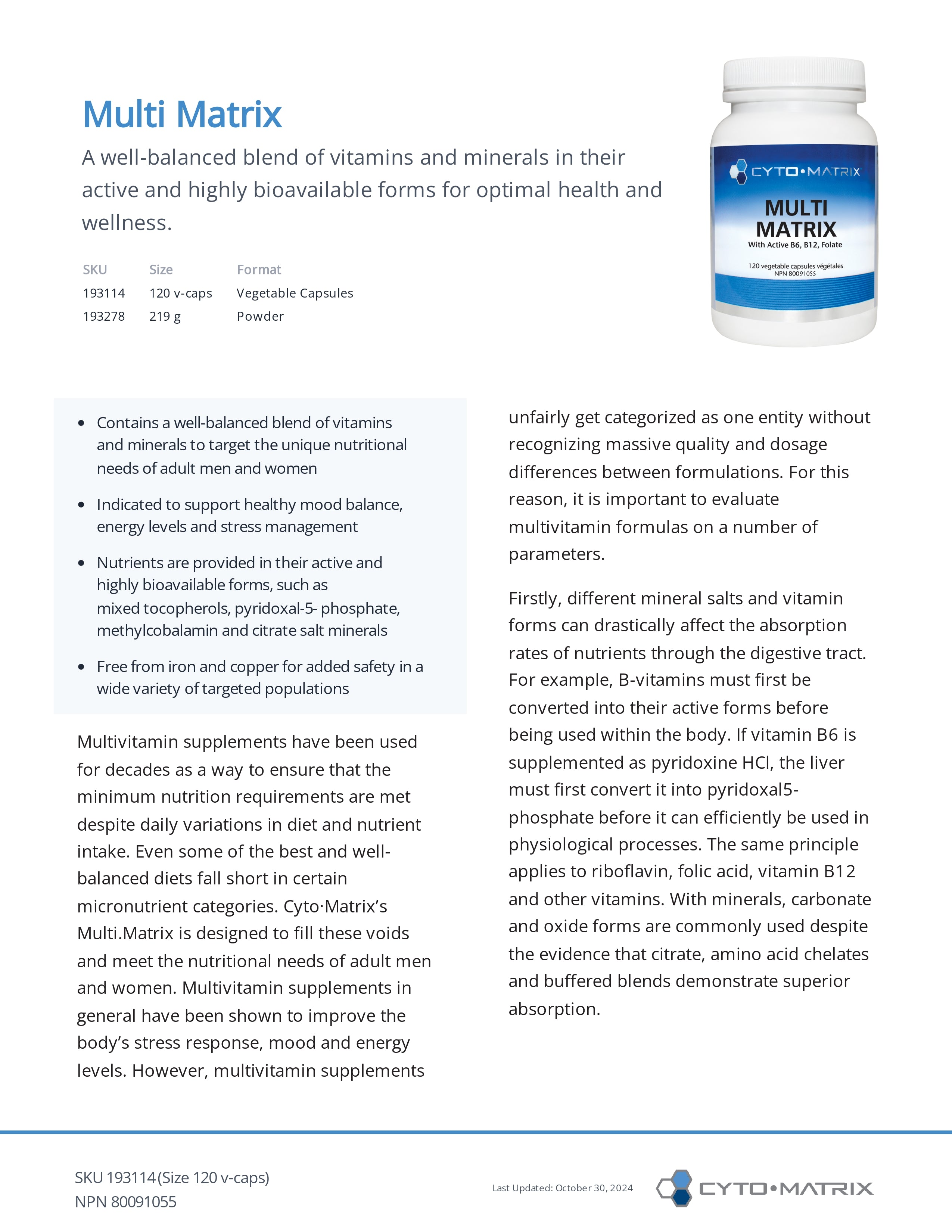 Multi Matrix by Cytomatrix® – Advanced Multivitamin & Mineral Support | 120 Vegetable Capsules