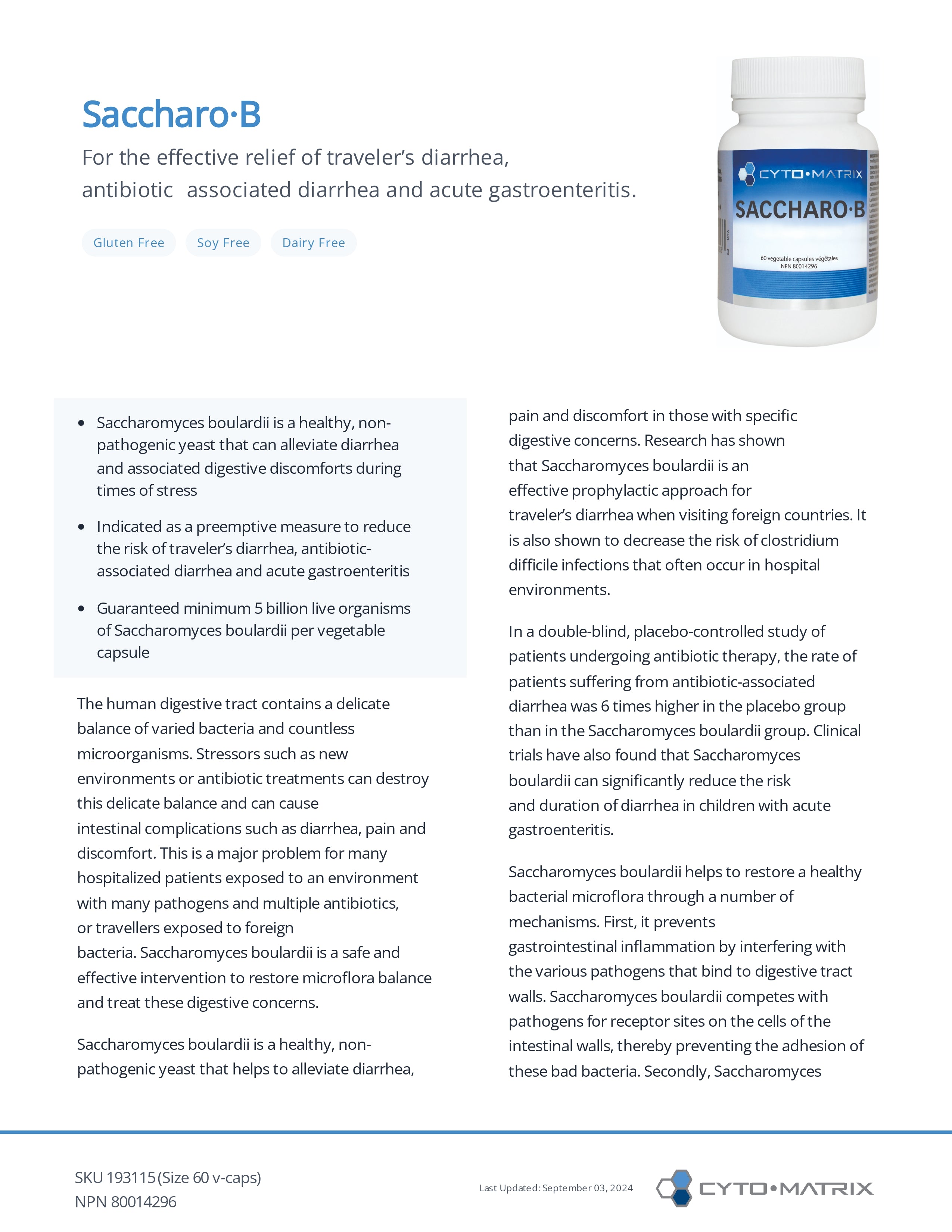 Saccharo-B by Cytomatrix® – Digestive & Immune Support | 60 Vegetable Capsules