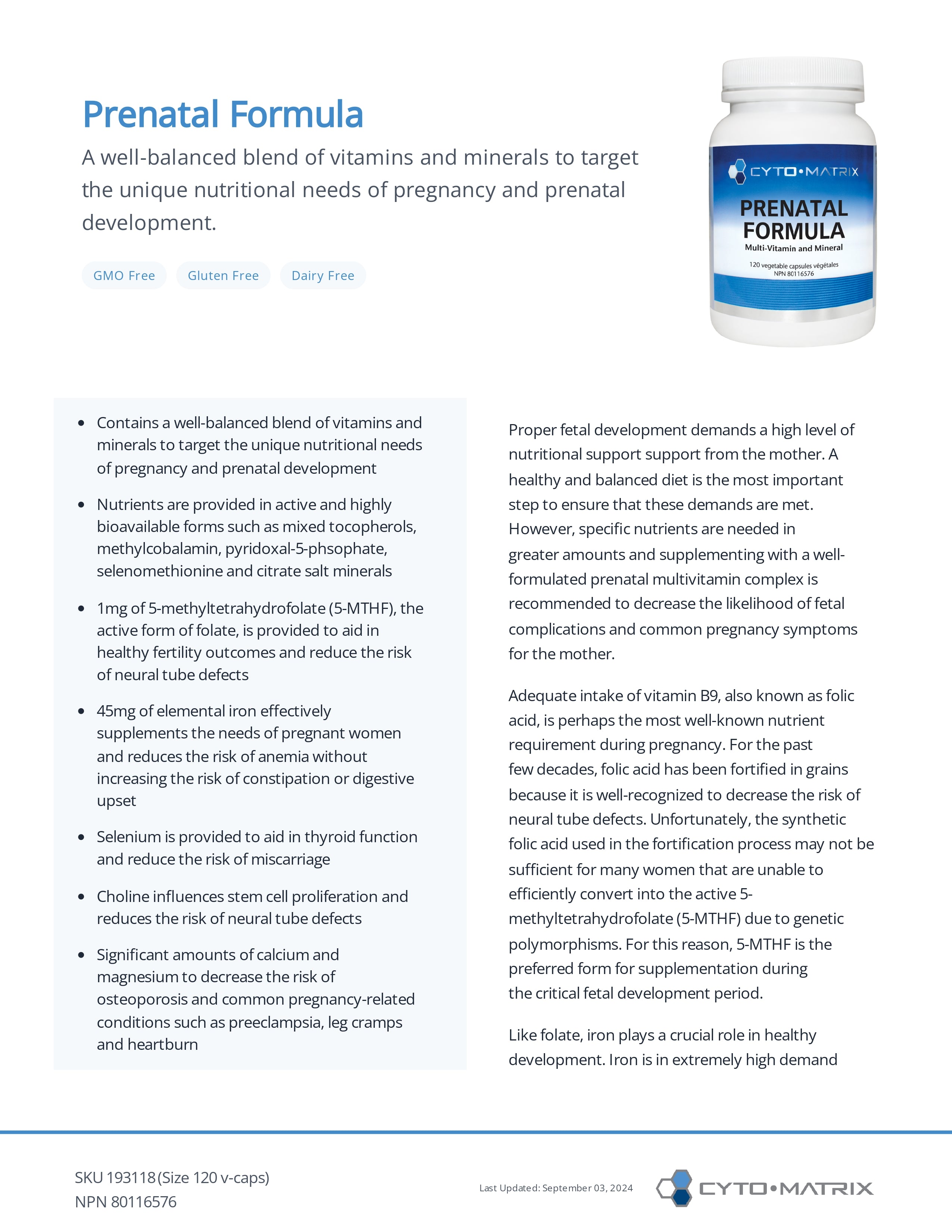 Prenatal Formula by Cytomatrix® – Comprehensive Nutrient Support for Pregnancy | 120 Veg Capsules